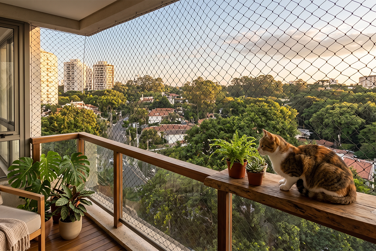 Instalação de rede de proteção em sacada de apartamento no Alto de Pinheiros, SP