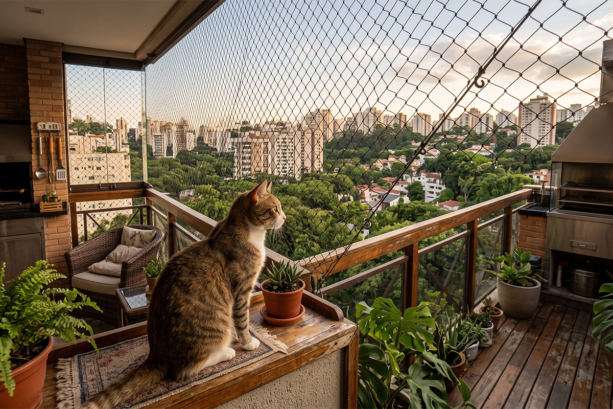 Instalação de rede de proteção em sacada de apartamento na Vila Madalena, SP